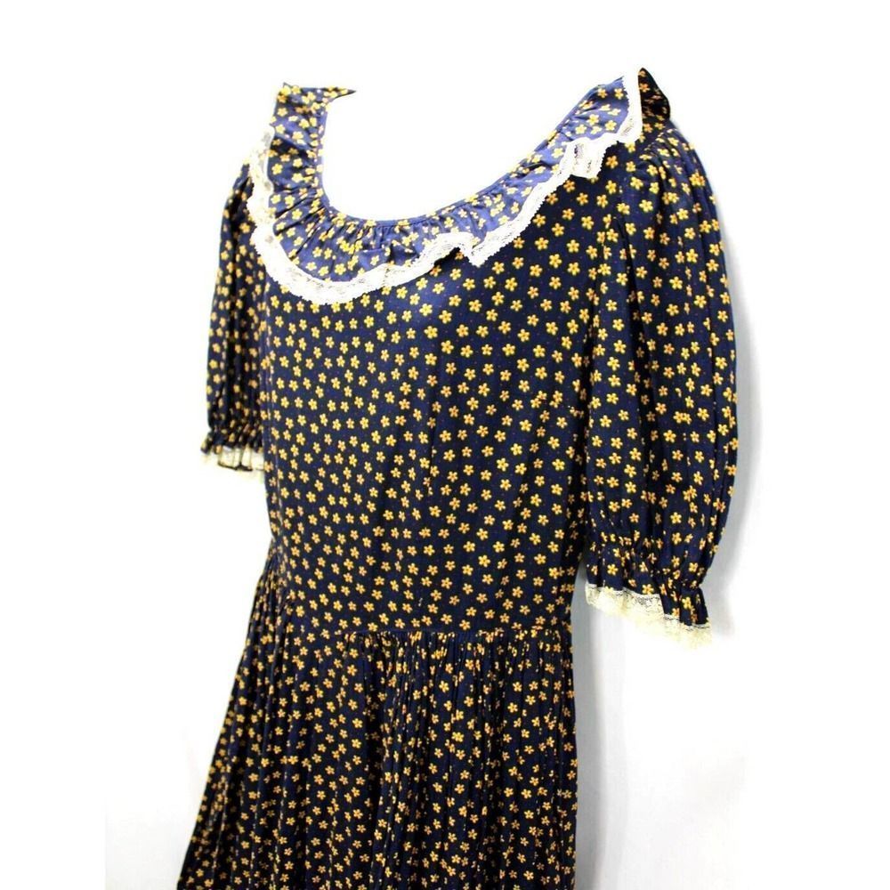Cottage Core Long Dress Country Victorian Style Lace Seam Navy Blue Floral Print - Picture 6 of 10